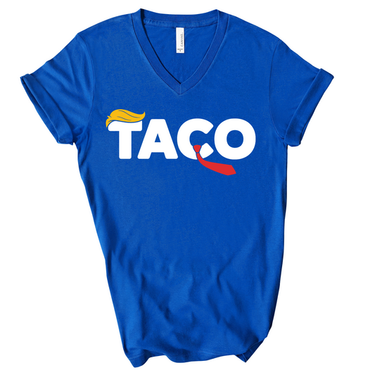 Royal blue v-neck t-shirt with bold white "TACO" text featuring a yellow hair graphic on the "T" and a red tie on the "C," parody political graphic design.