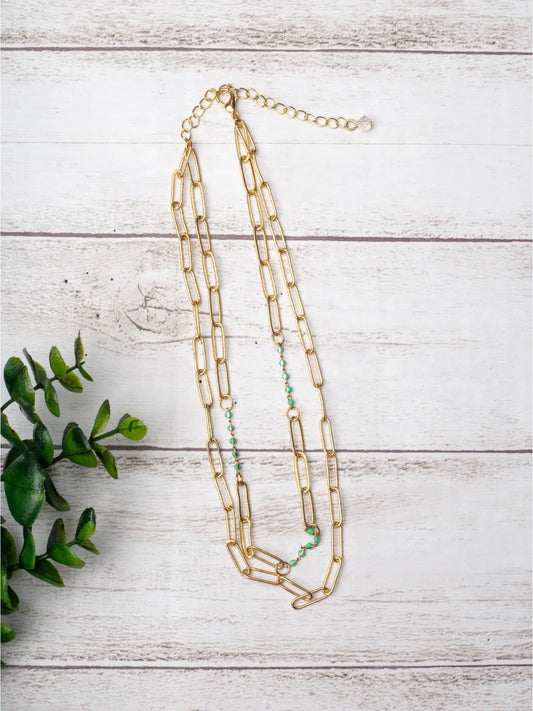 Turquoise Bead Gold Linked Chain Necklace