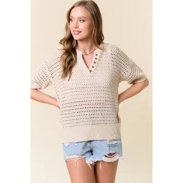 Drop Shoulder Short Sleeve Open-Knit Top