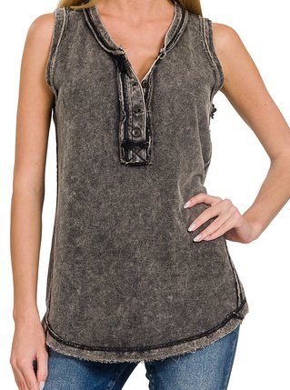 Mineral Wash Henley Tank - Ash Black