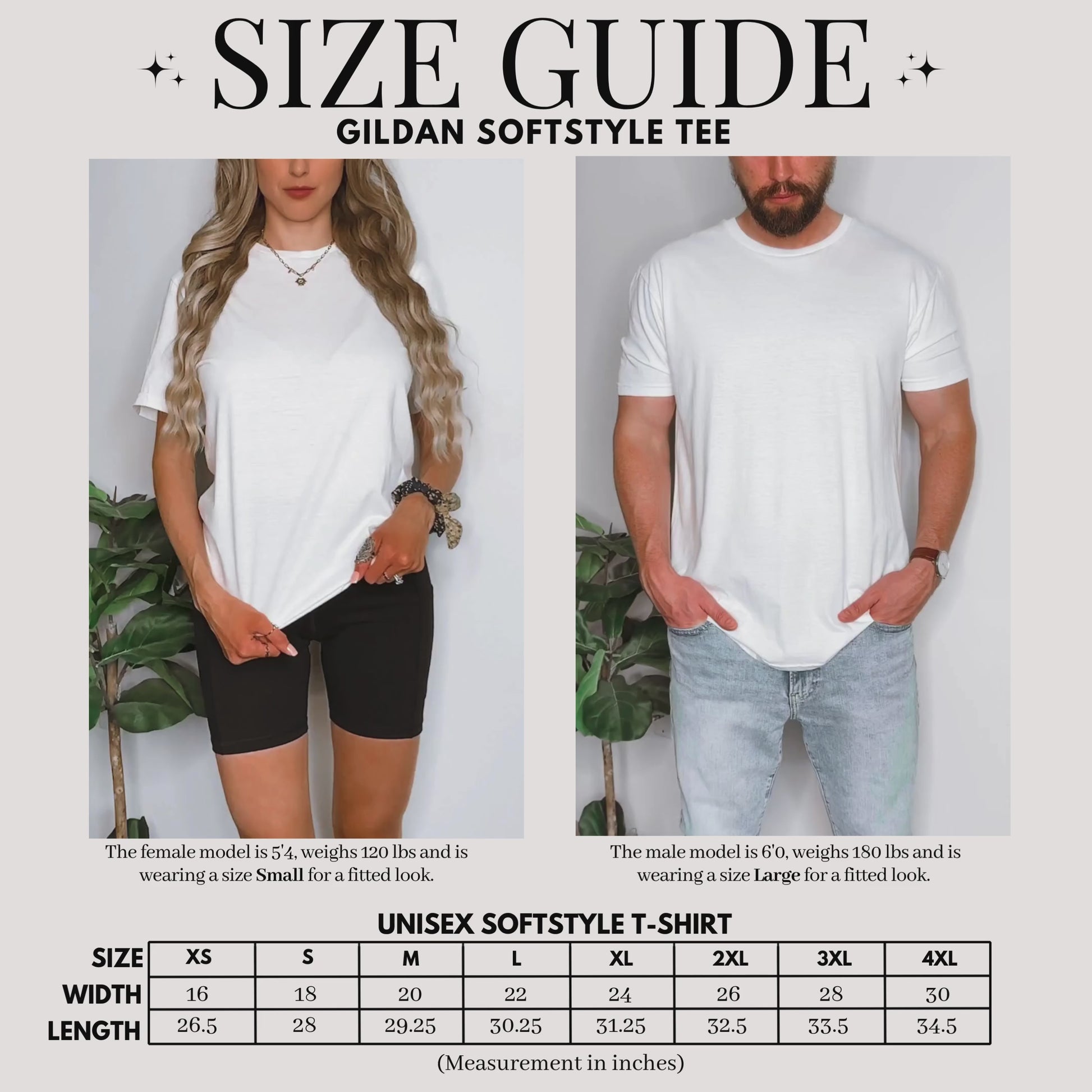 Video displaying the Gildan Softstyle T-shirt size chart with on-screen measurements for chest width and body length, typically in inches. Models or flat lays are shown for each size from Small to 3XL to demonstrate fit and proportion.